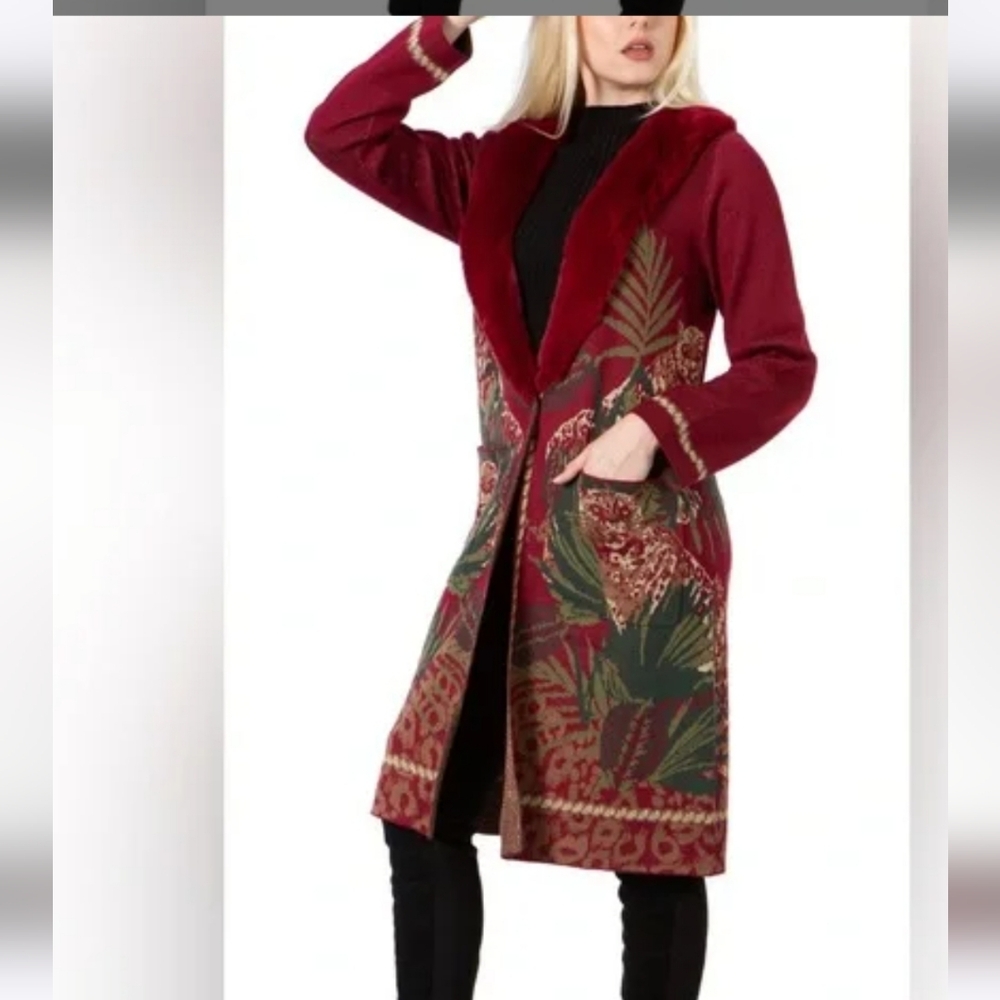 Badgley Mischka Leopards and Palm Fronds Intarsia Knit Coat. Sz L